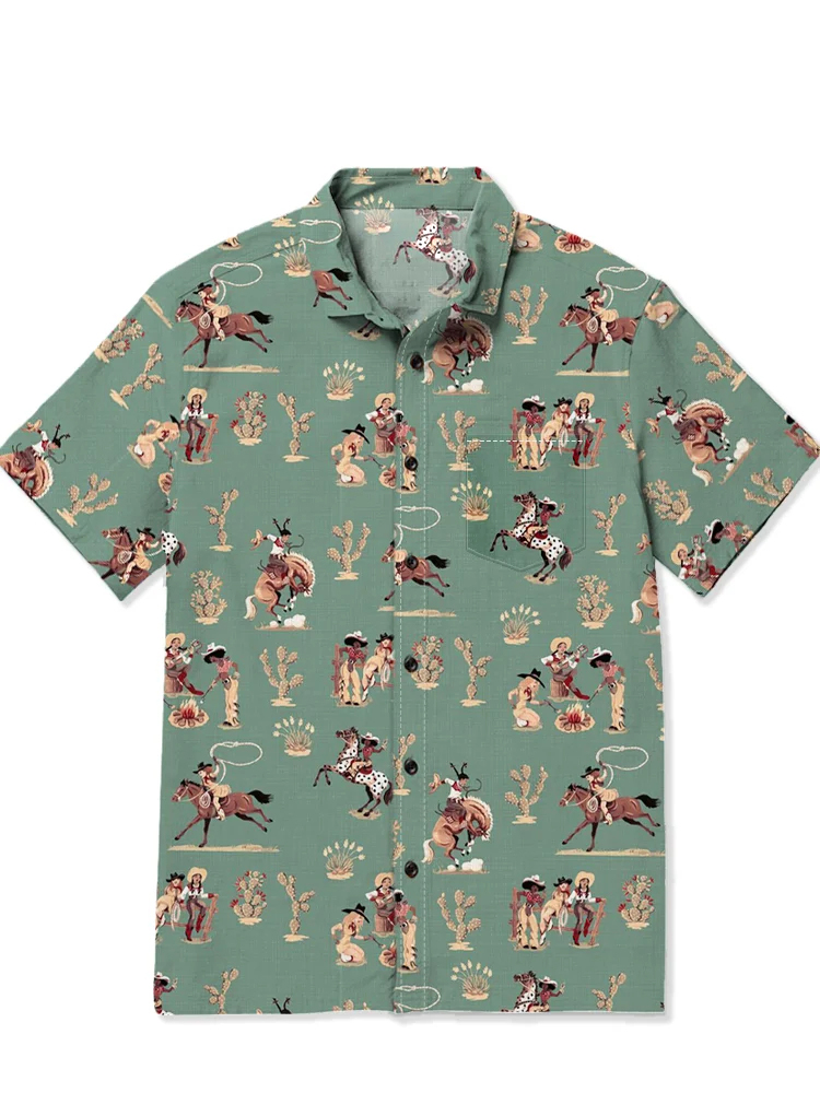 Men's casual denim Western printed Hawaiian short sleeved pocket shirt
