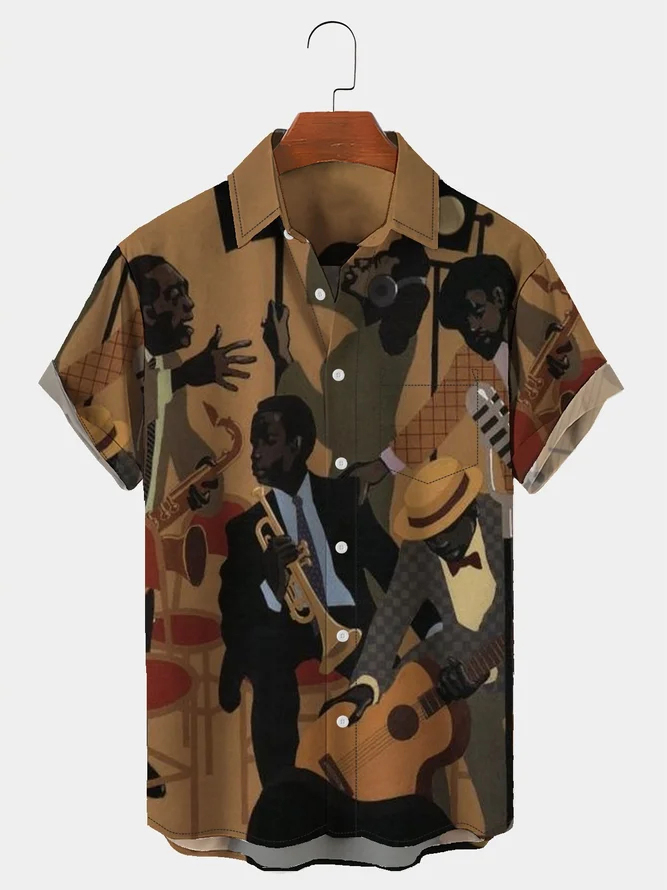 Men's Art Music Oil Painting Casual Lapel Short Sleeve Shirt