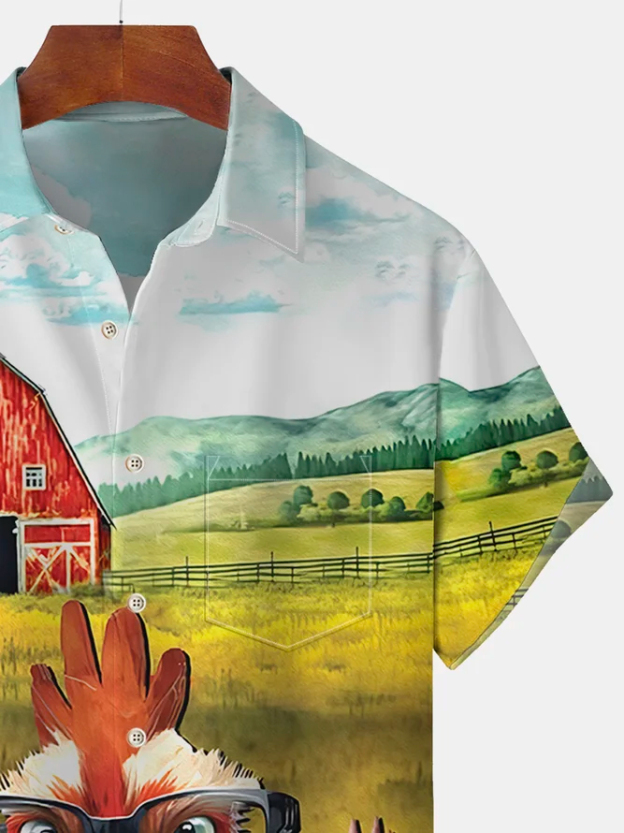 Men's Casual Farm Flock Print Lapel Short Sleeve Shirt