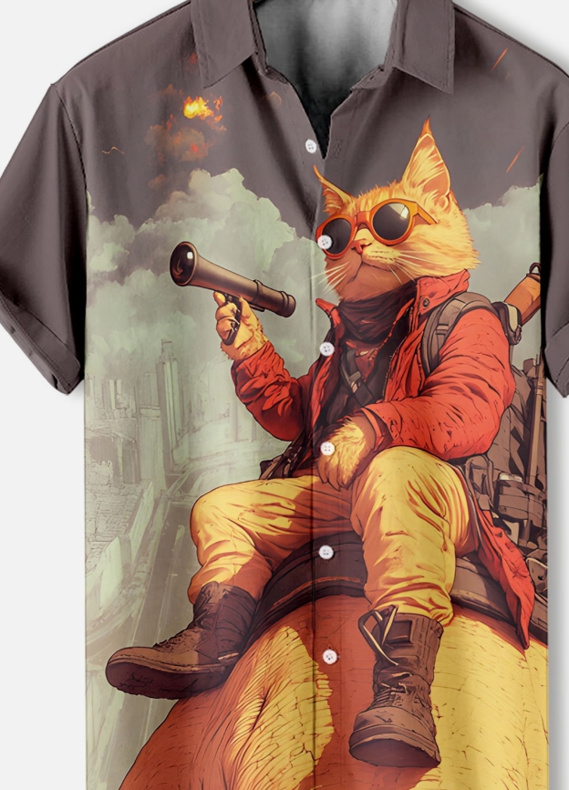 Men's Retro Cartoon Anime Cat Theme Short Sleeve Shirt