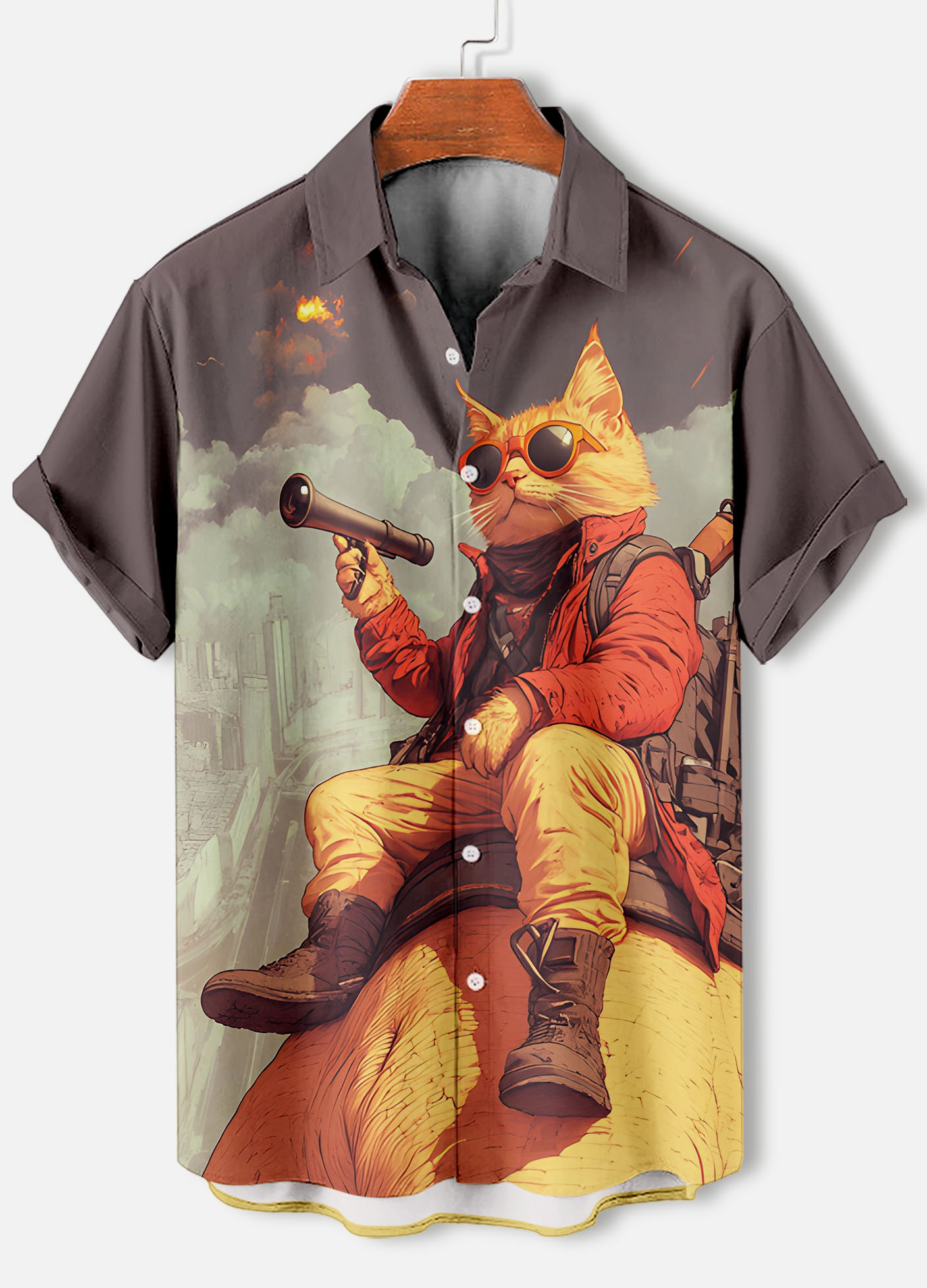 Men's Retro Cartoon Anime Cat Theme Short Sleeve Shirt