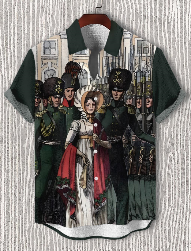 Men's retro illustration short sleeve shirt