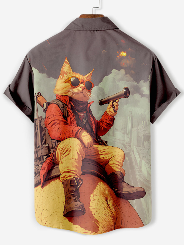 Men's Retro Cartoon Anime Cat Theme Short Sleeve Shirt