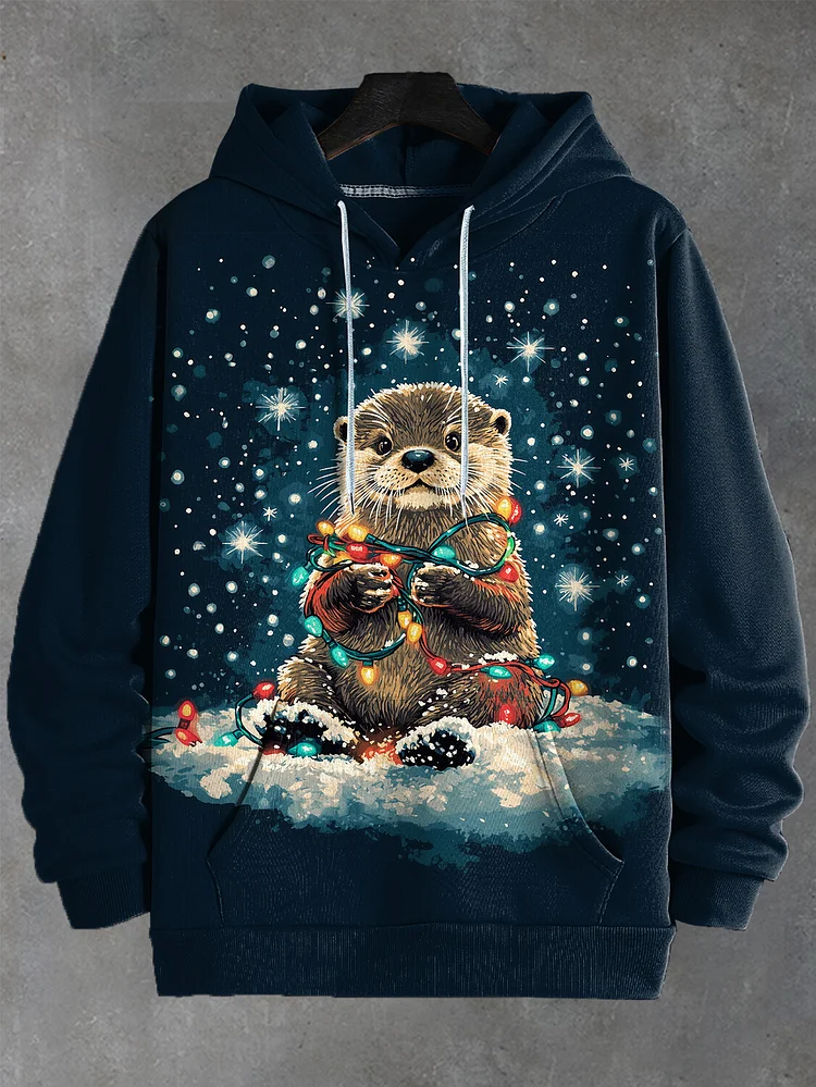Men's Snowfield Snowflakes Christmas Lights Otter Print Casual Hoodie