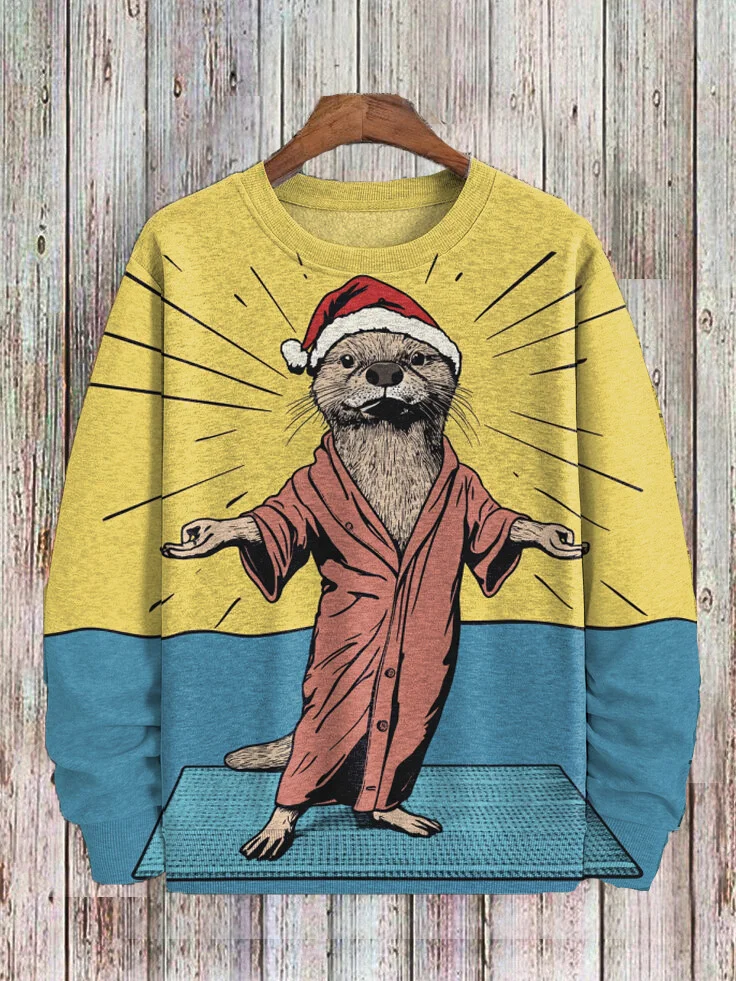 Men's Funny Christmas Otter With Robe Color Block Art Print Casual Sweatshirt