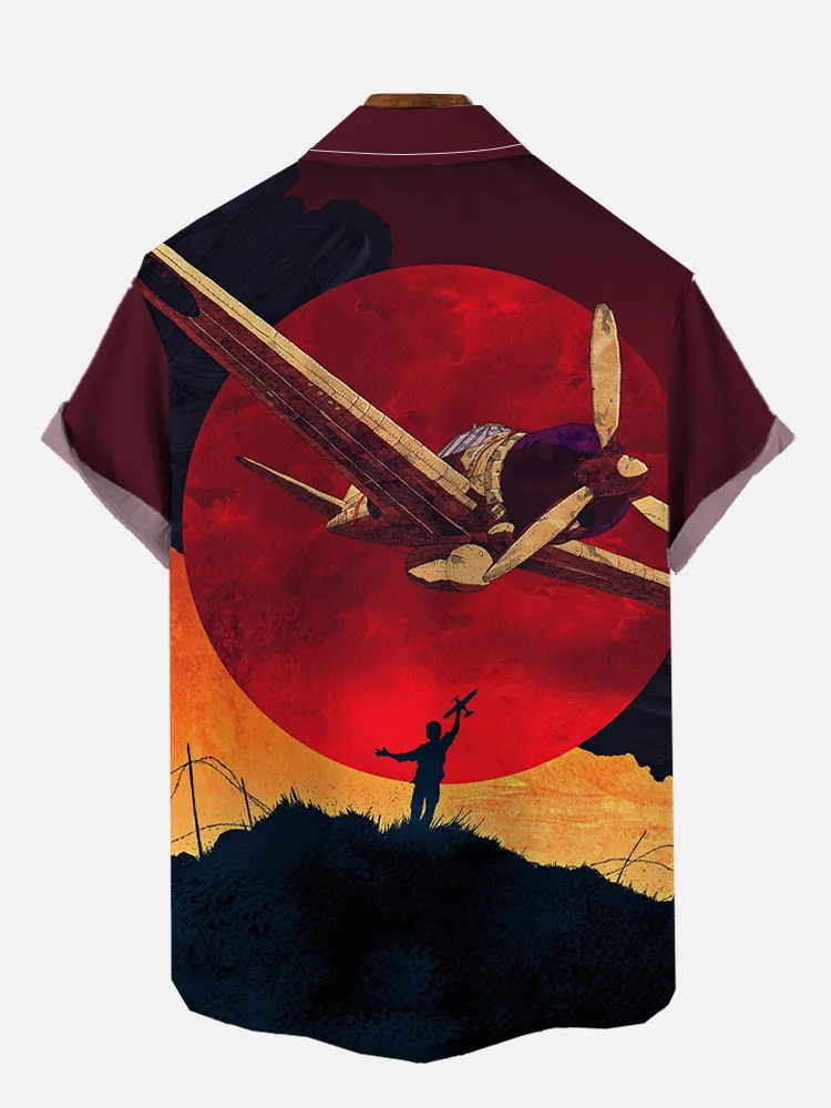 Men's Retro Poster Red Sun and Fighter Graphic Print Short Sleeve Shirt