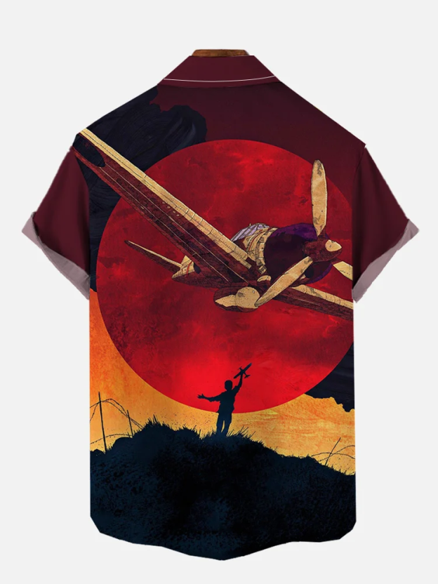 Men's Retro Poster Red Sun and Fighter Graphic Print Short Sleeve Shirt
