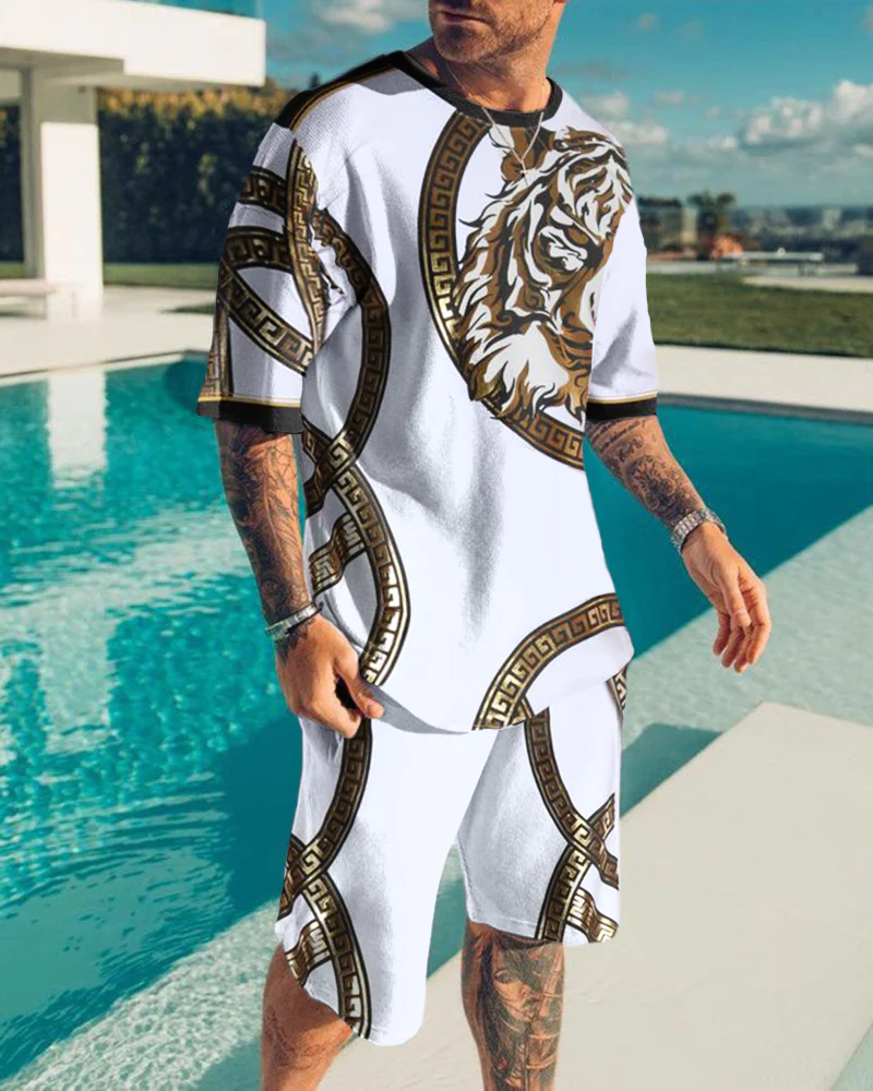 Men's Tiger Print Short Sleeve Two-Piece Set 3 Colors