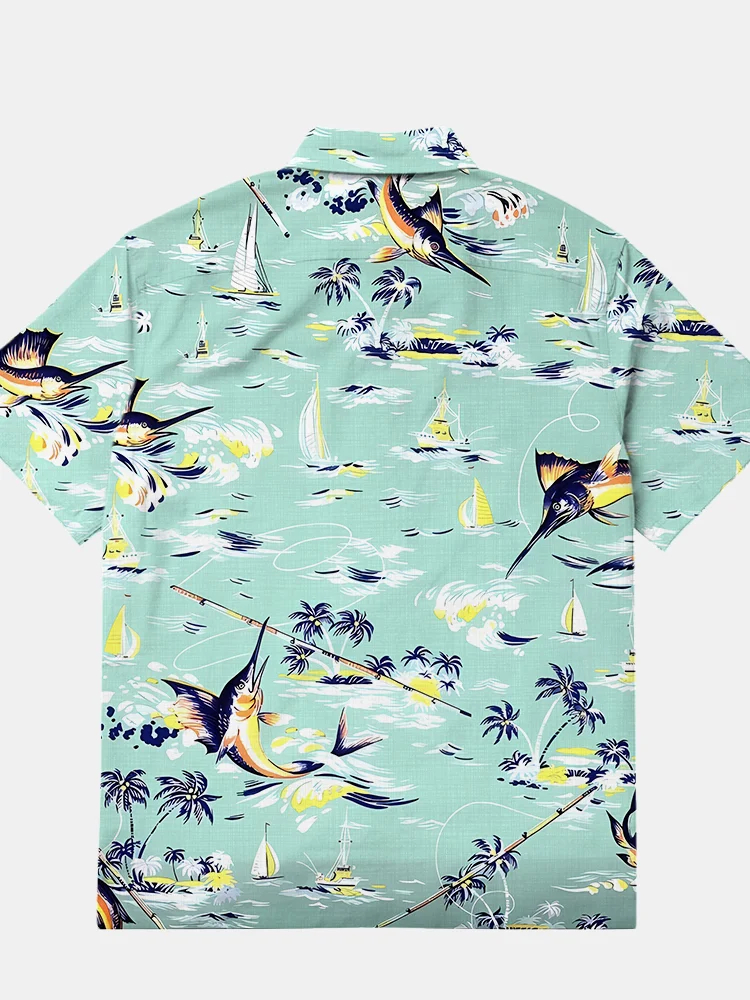 Men's casual fishing printed Hawaiian short sleeved pocket shirt