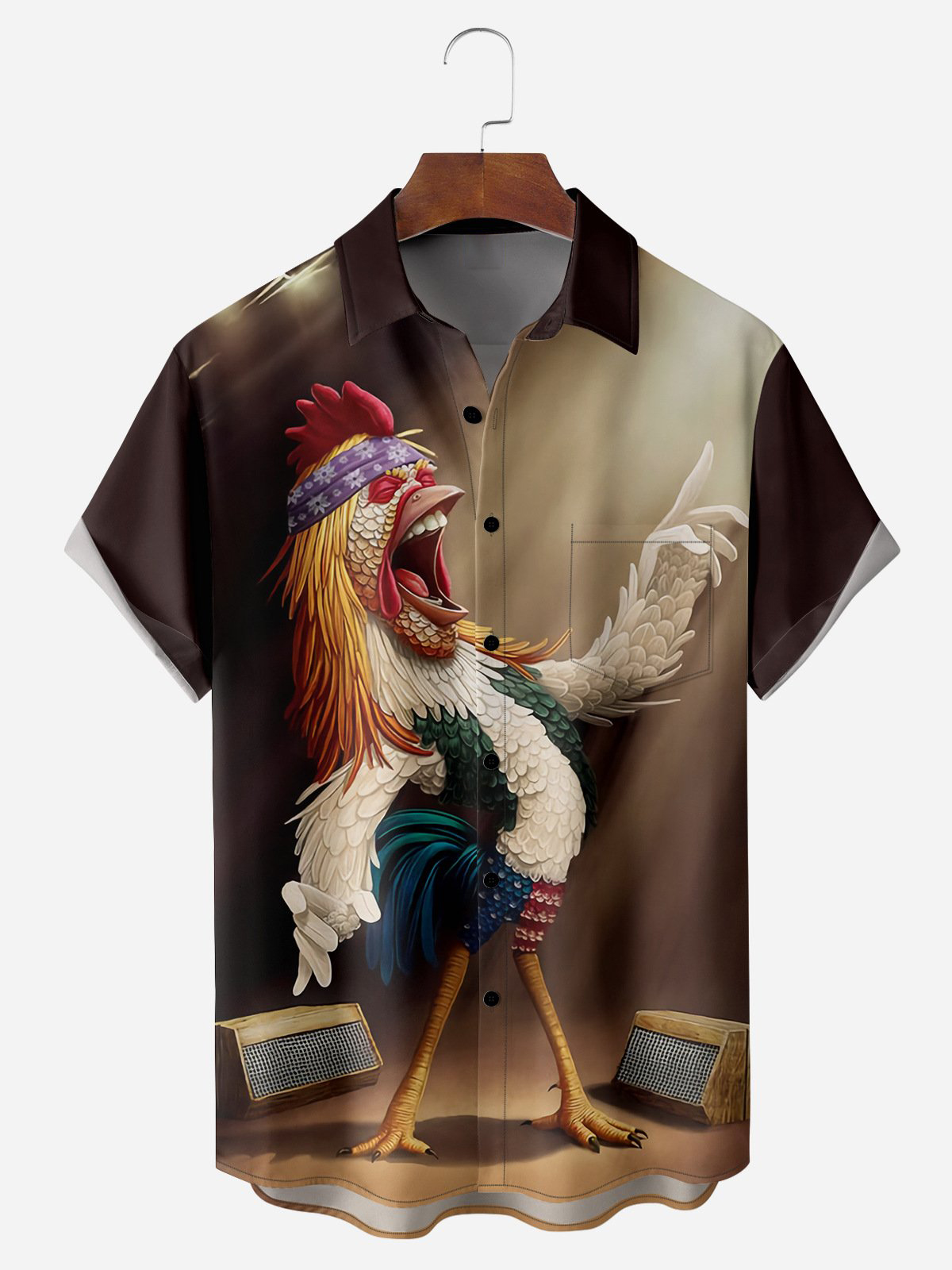 Men's Casual Singing Rooster Printed Lapel Short Sleeve Shirt