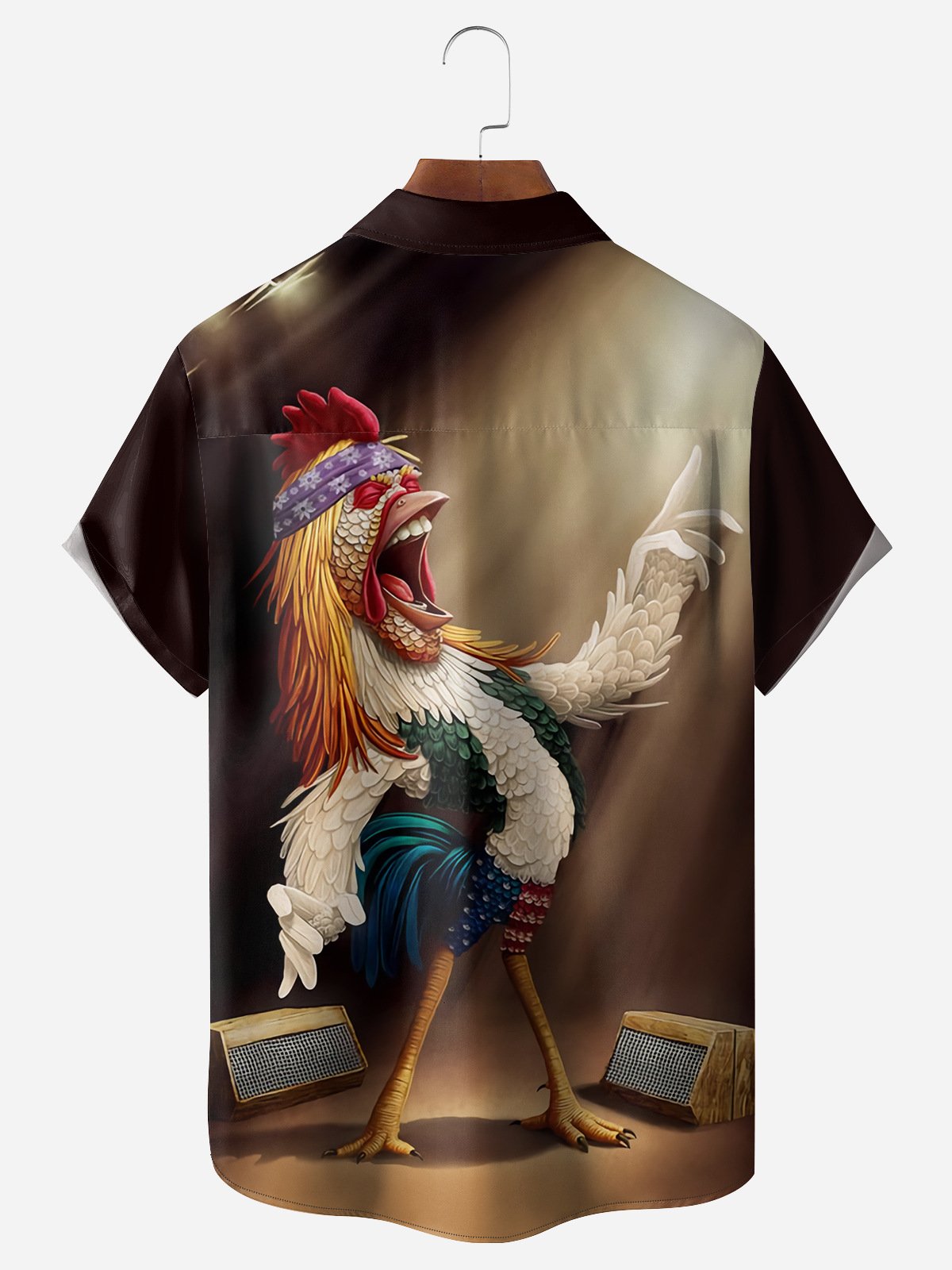 Men's Casual Singing Rooster Printed Lapel Short Sleeve Shirt