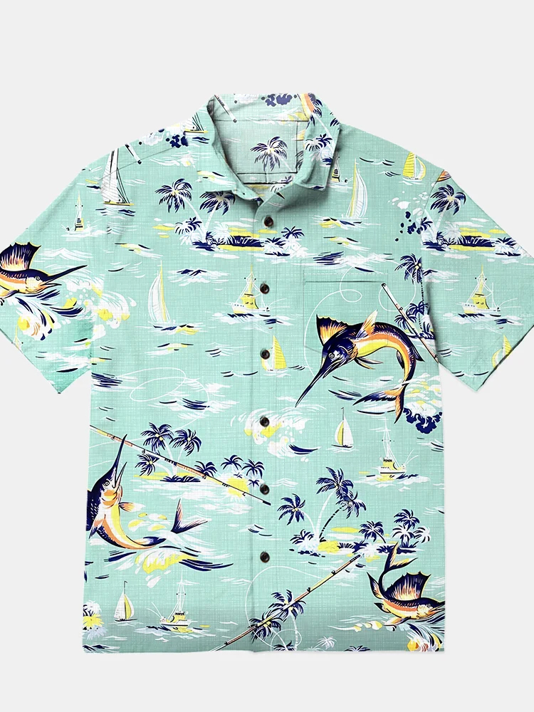 Men's casual fishing printed Hawaiian short sleeved pocket shirt
