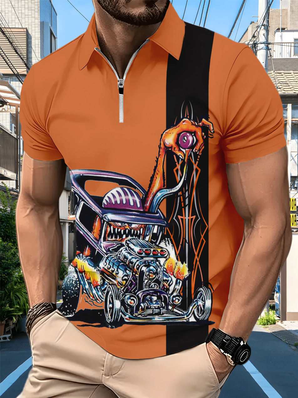 Men's retro cartoon car graphic illustration short sleeve zipper polo shirt
