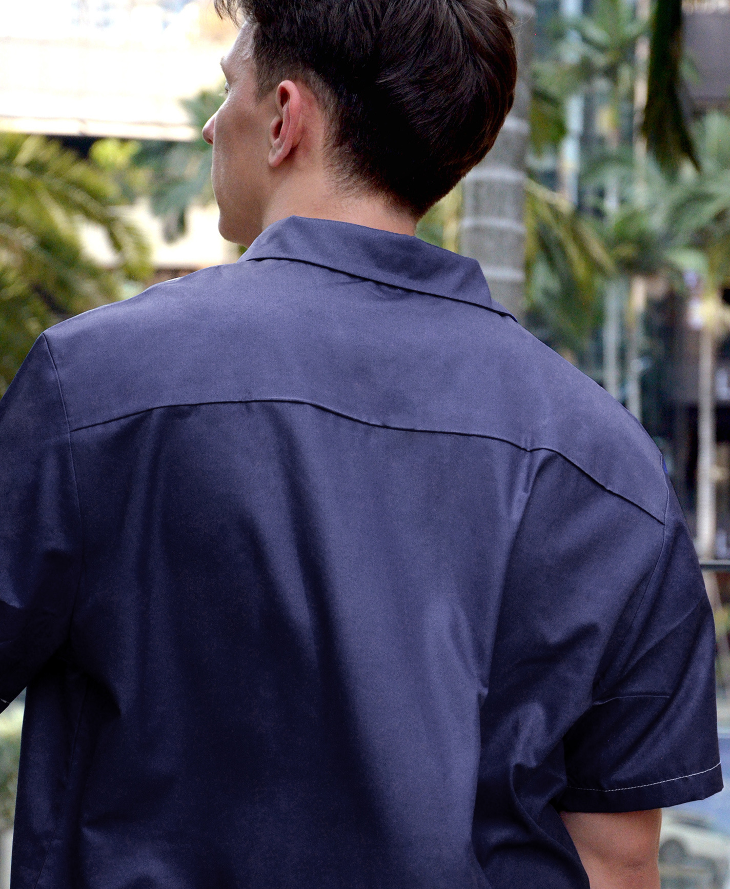 Men's Hawaiian Style Short Sleeve Button Down Shirt, Navy Blue and White Striped with Palm Tree Print