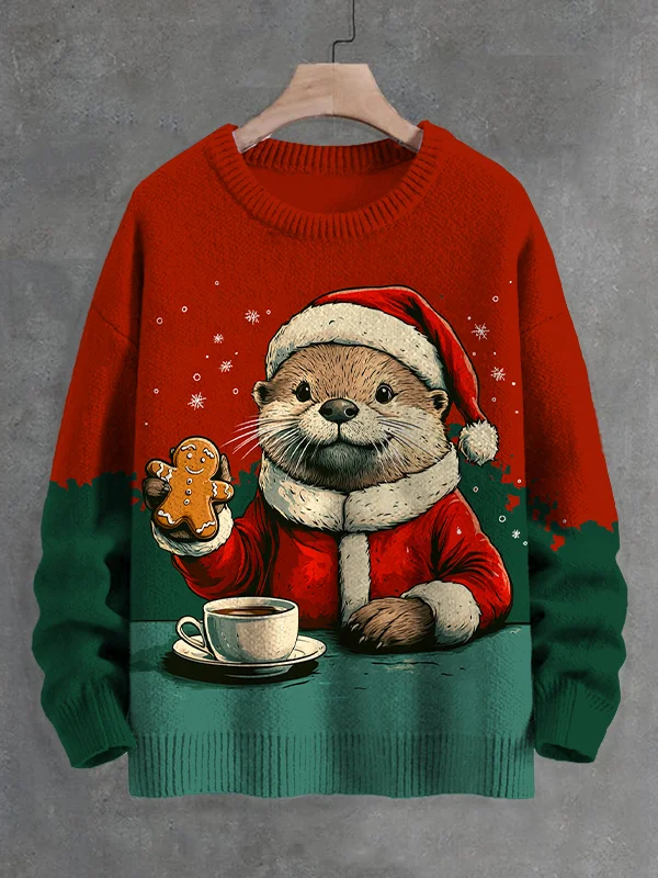 Men's Vintage Santa otter Eating Cookies And Coffee Color Block Art Sweatshirt