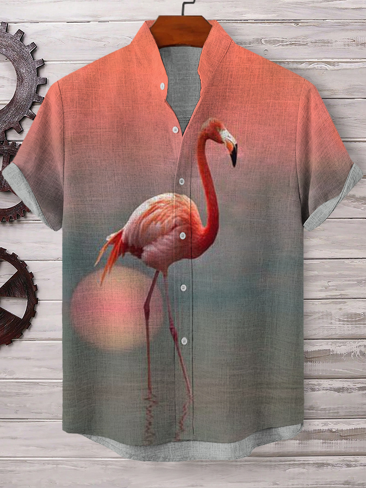 Men's Flamingo Gradient Art Print Linen Blend Shirt