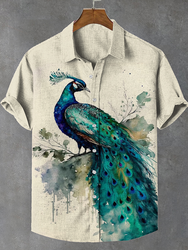 Men's Retro Peacock Ink Painting Print Linen Blend Shirt