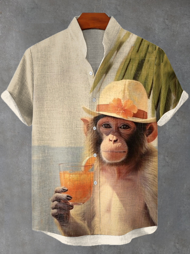 Men's Retro Fun Beach Vacation Monkey Print Linen Blend Shirt