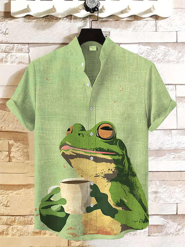 Men's Retro Frog Coffee Art Print Linen Blend Shirt