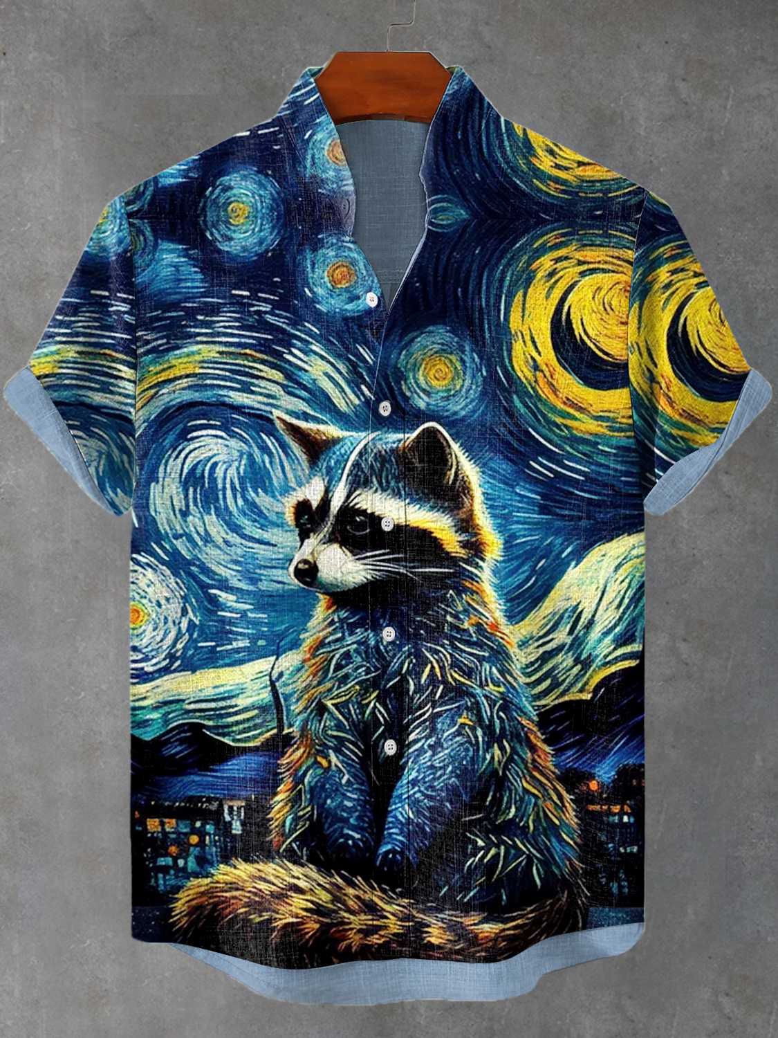Men's Cute Raccoon Looking Up At The Starry Night Print Linen Blend Sh