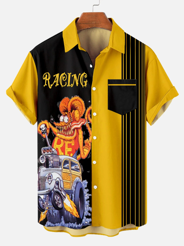 Men's Nostalgic Anime Character Retro Car Short Sleeve Shirt