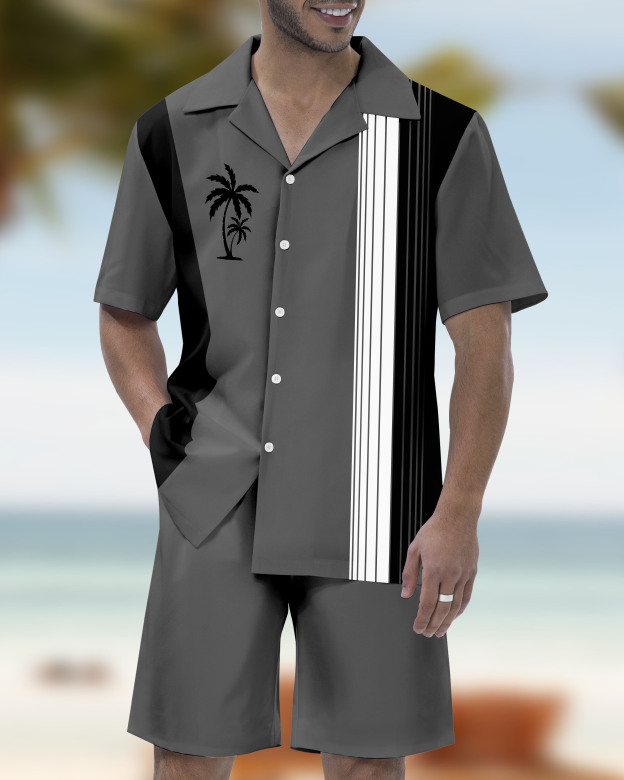 Men's Casual Vacation Hawaiian Cuban Collar Short Sleeve Shirt Set