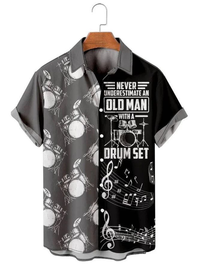 Men's Music Drum Set Color Block Casual Lapel Short Sleeve Shirt