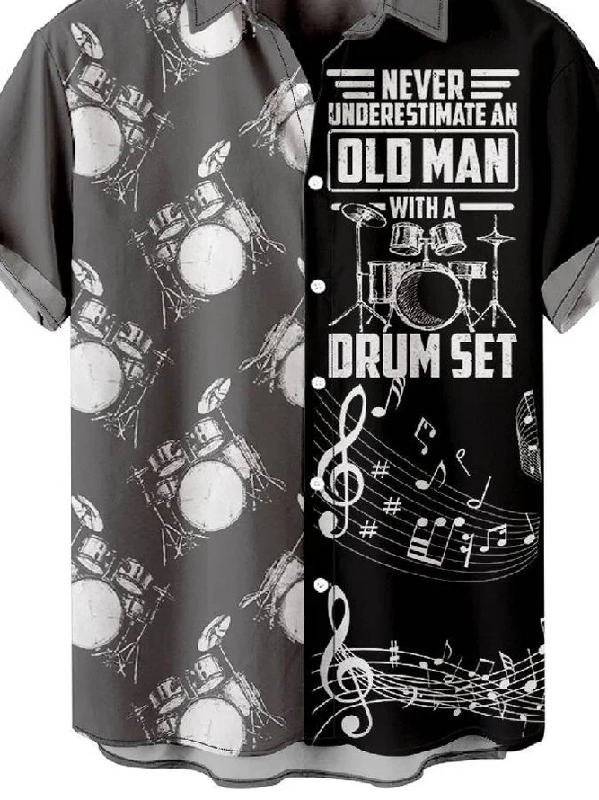Men's Music Drum Set Color Block Casual Lapel Short Sleeve Shirt