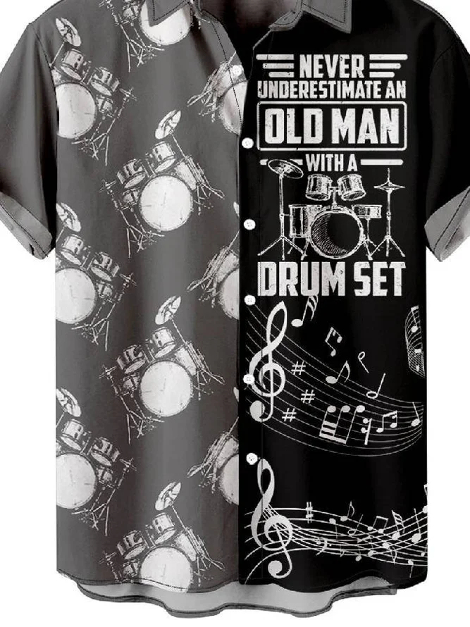 Men's Music Drum Set Color Block Casual Lapel Short Sleeve Shirt