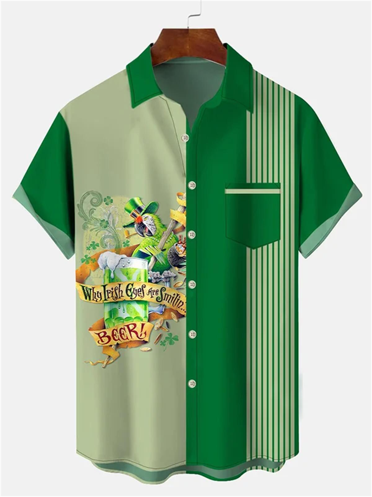 Men's Irish Parrot Saint Patrick Holiday Bowling Ball Printed Pocket Shirt