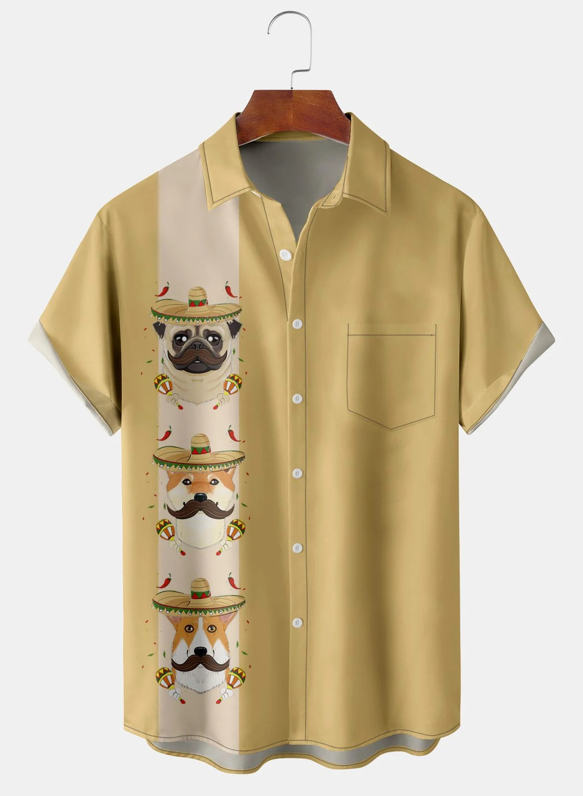 Men's Fun Cartoon Dog Casual Short Sleeve Pocket Bowling Shirt