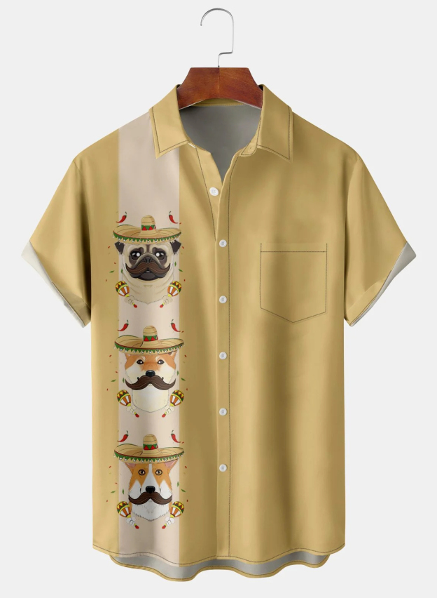 Christmas greetings from Santa Claus delivering gifts on a motorcycle Christmas Chest Pocket Short Sleeve Bowling Shirt