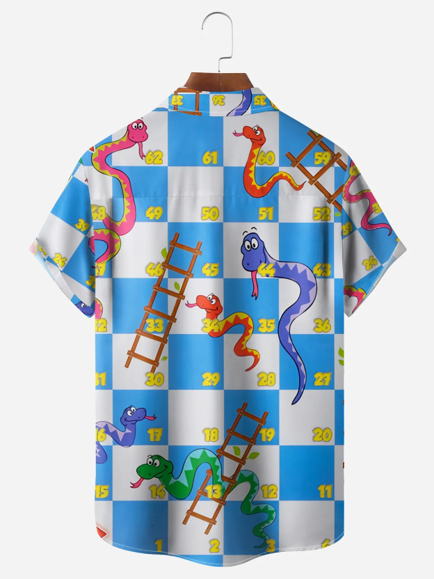 Men's fun checkerboard snake casual short sleeved pocket shirt