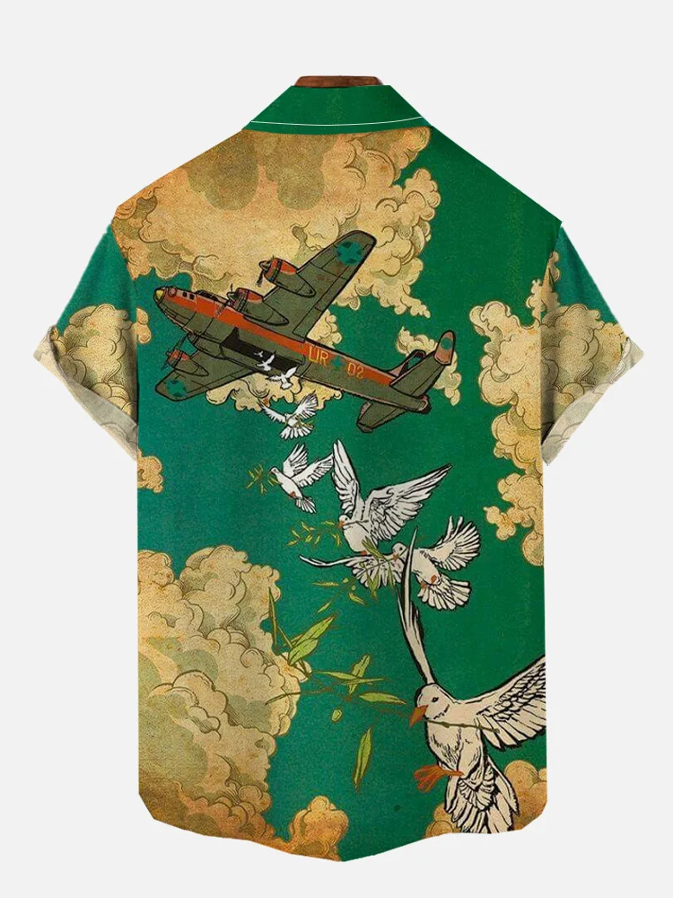 Men's Retro Poster Peace Dove and Fighter Graphic Print Short Sleeve Shirt