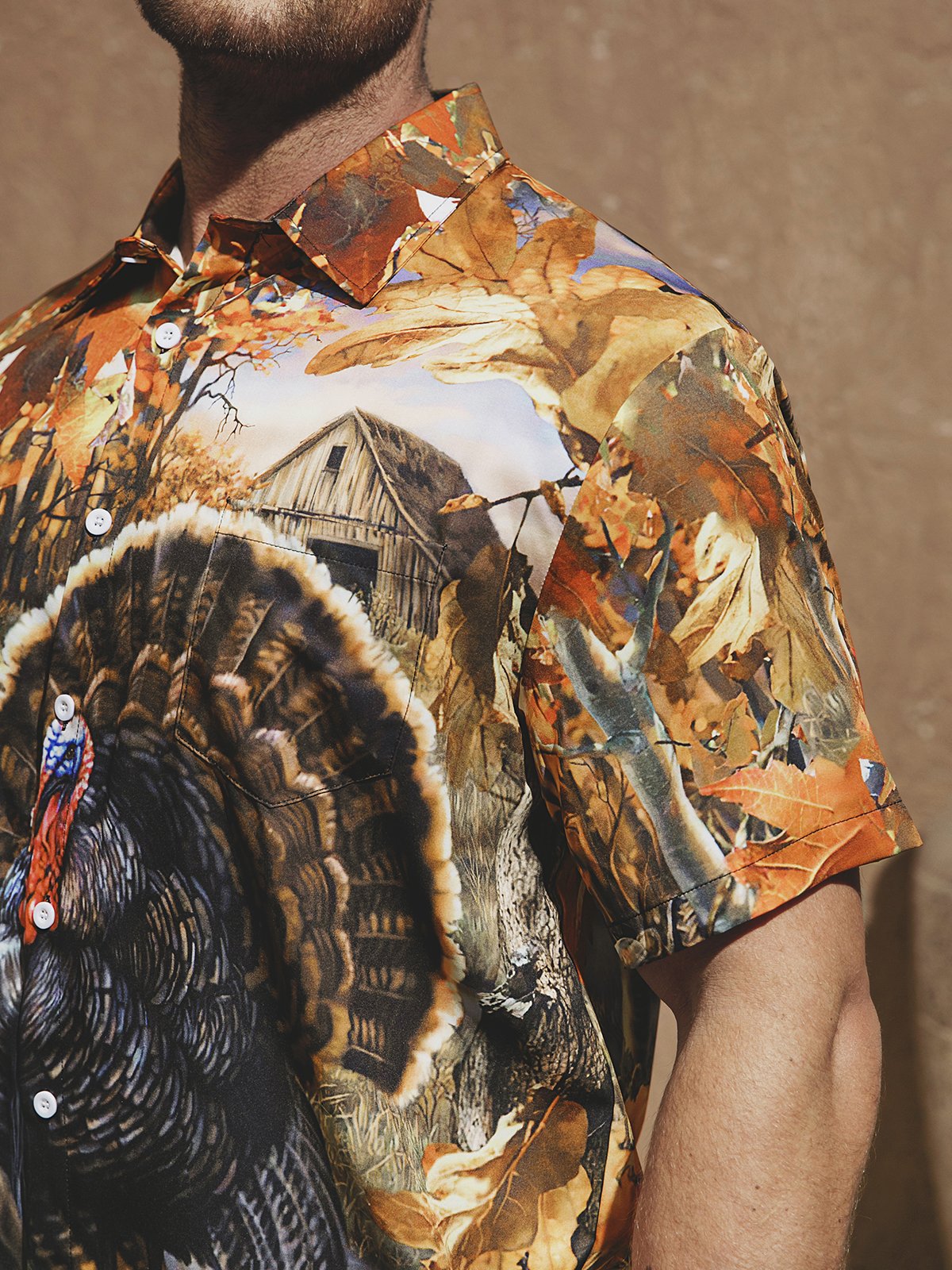 Men's Casual Farm Turkey Print Lapel Short Sleeve Shirt