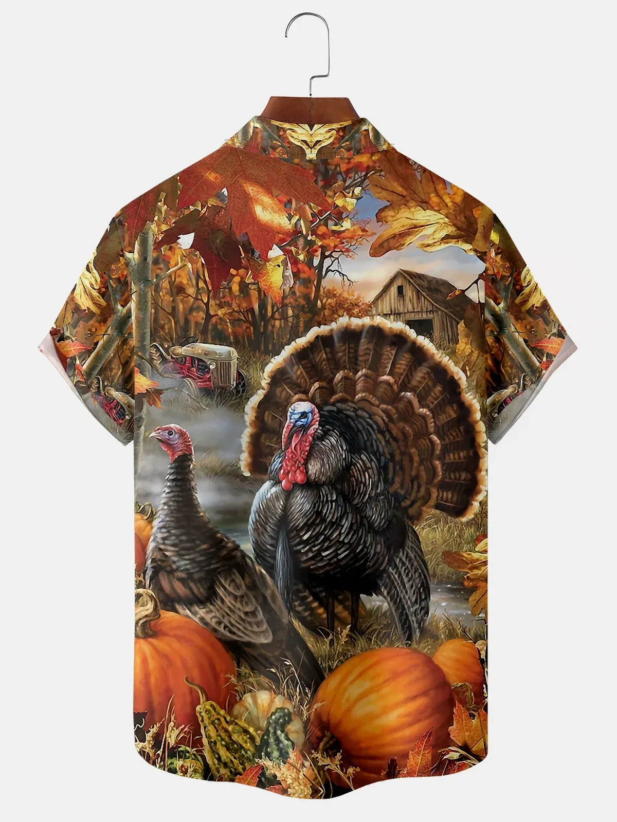 Men's Casual Farm Turkey Print Lapel Short Sleeve Shirt