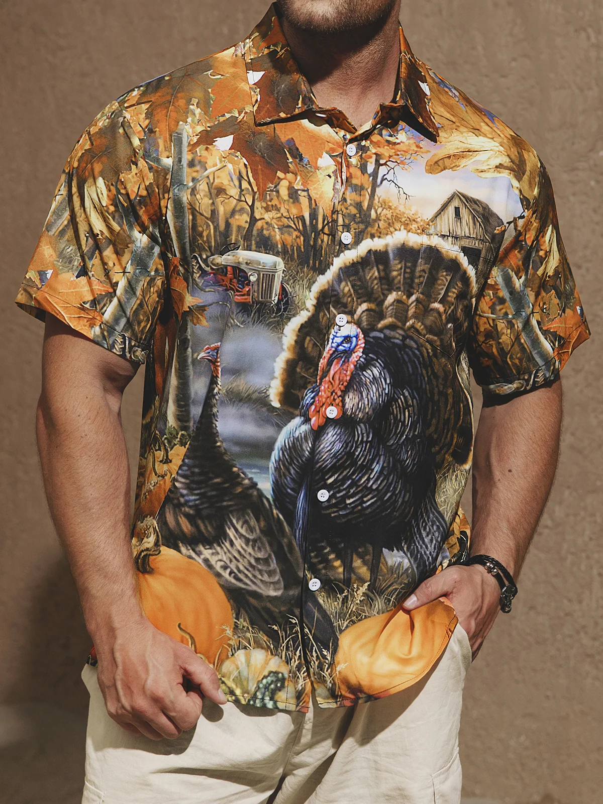 Men's Casual Farm Turkey Print Lapel Short Sleeve Shirt