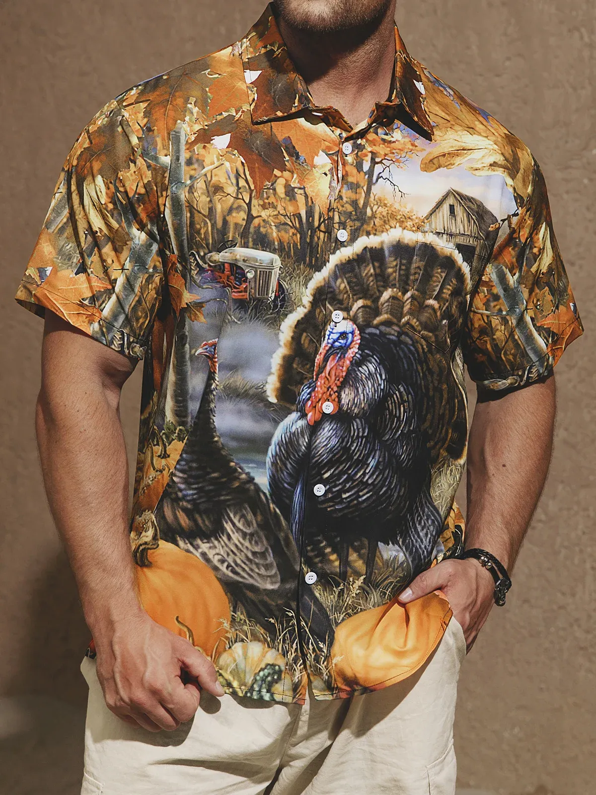 Men's Casual Farm Turkey Print Lapel Short Sleeve Shirt