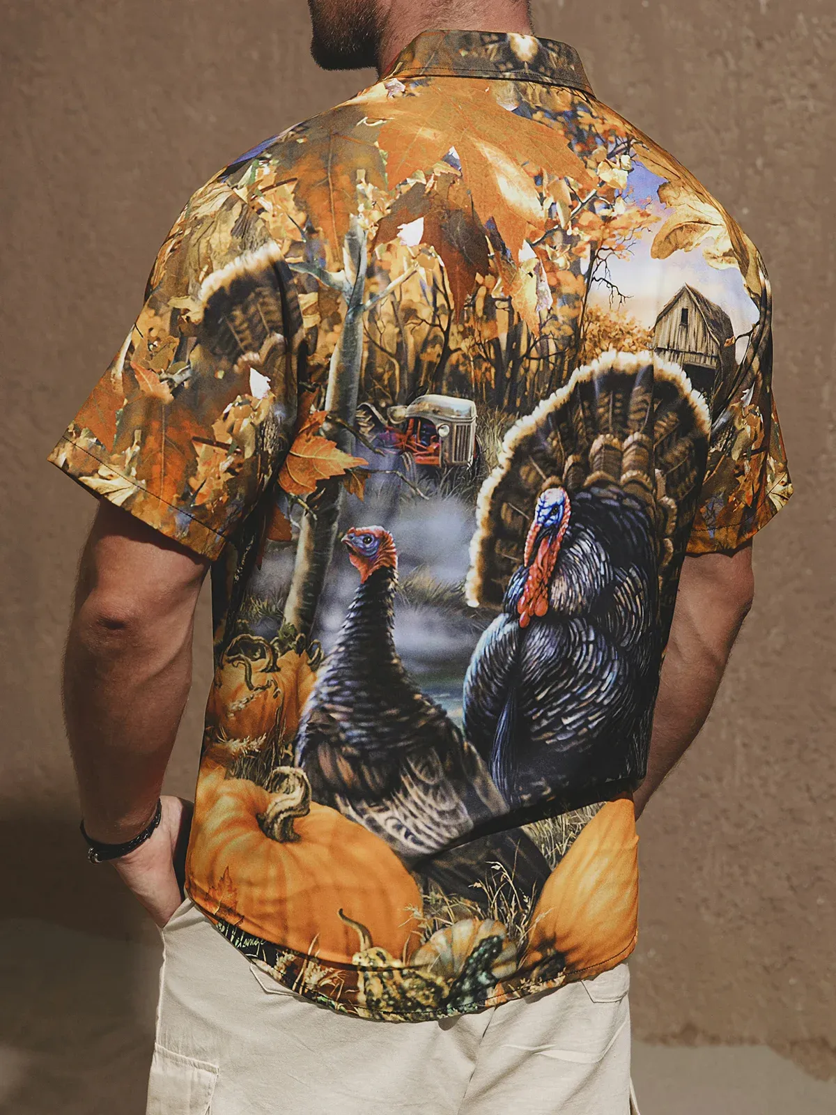 Men's Casual Farm Turkey Print Lapel Short Sleeve Shirt