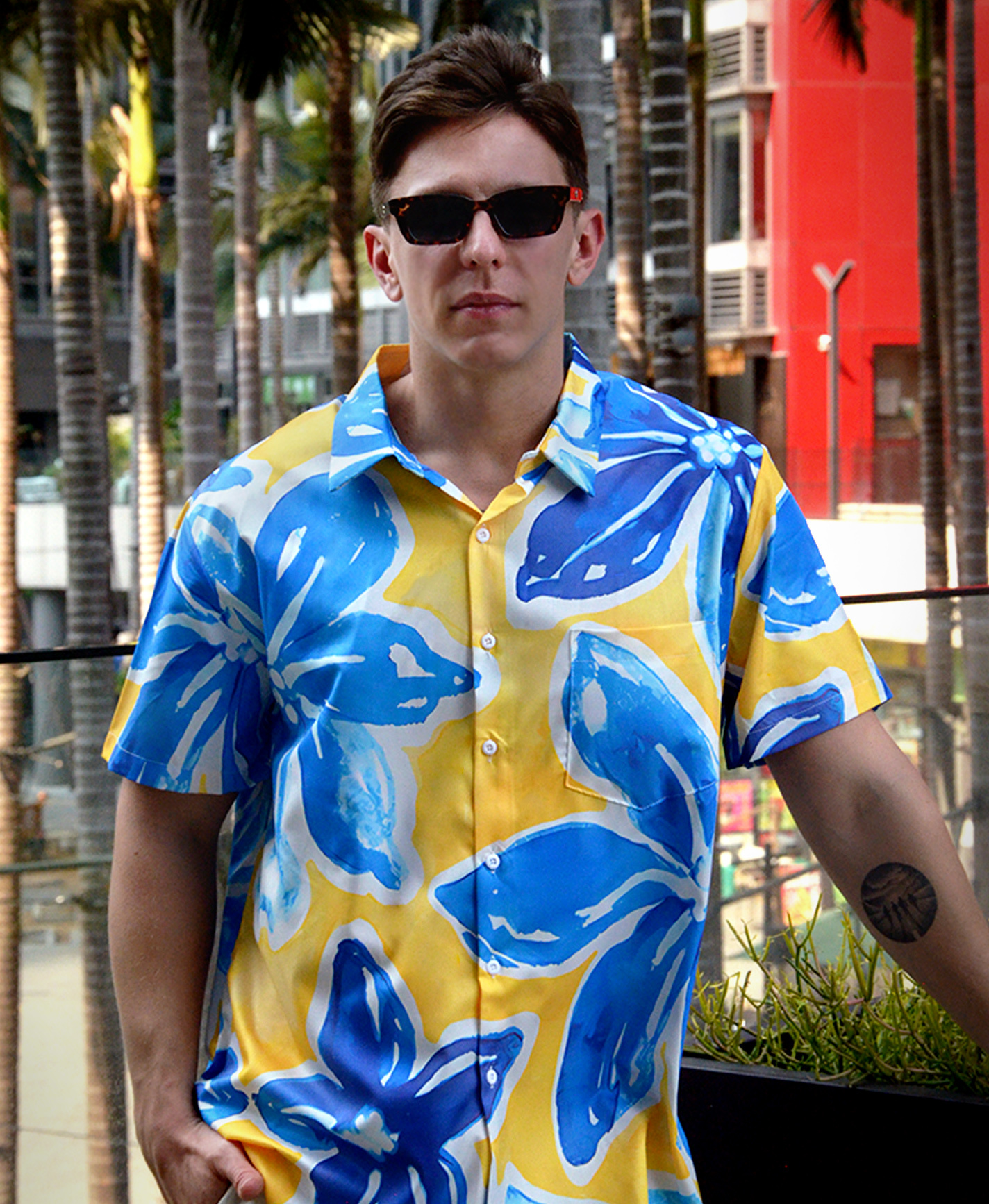 Men's Hawaiian Floral Print Shirt, Short Sleeve Button Down, Blue and Yellow Pattern
