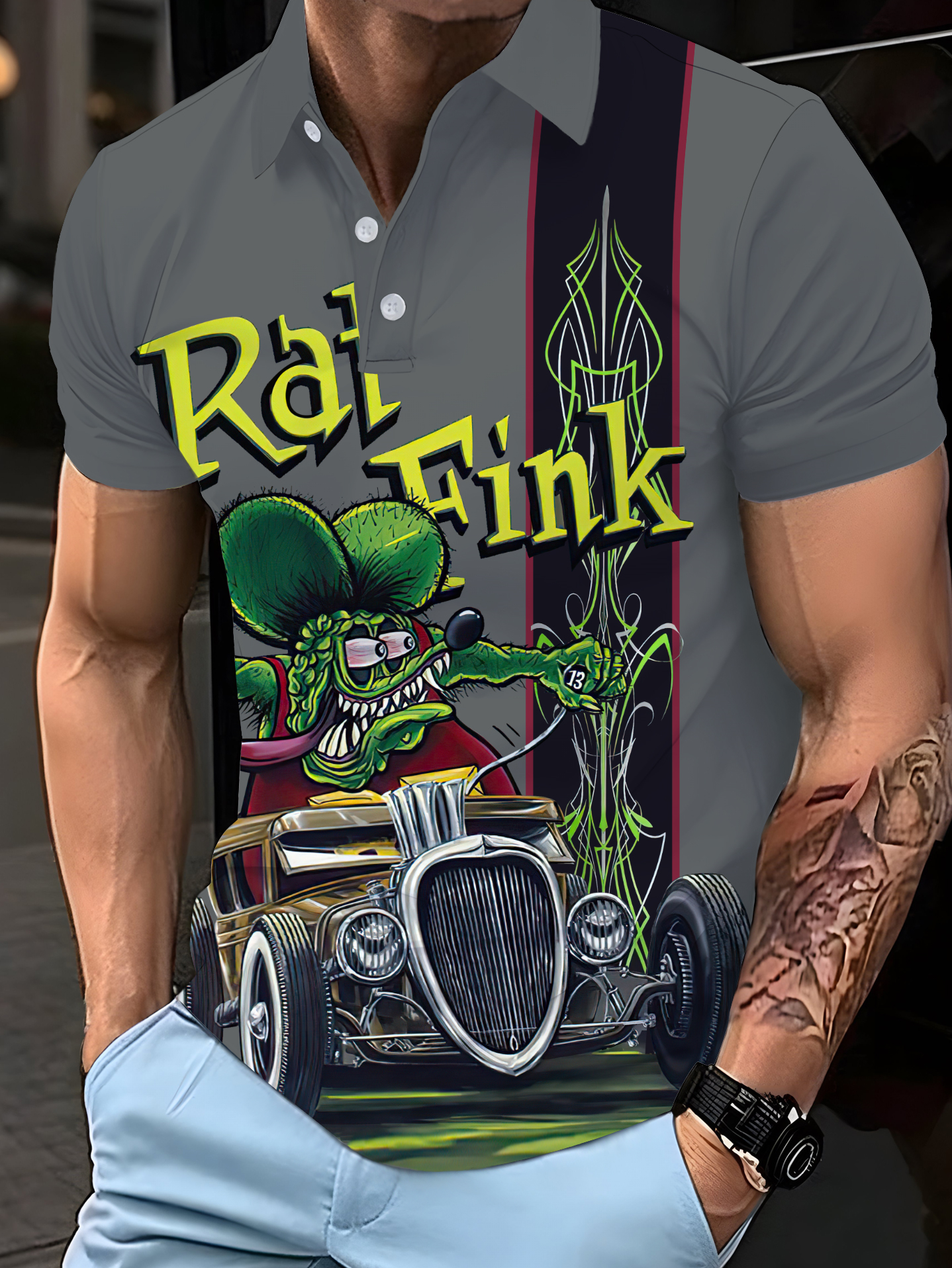 Men‘s retro cartoon car graphic illustration button up polo shirt