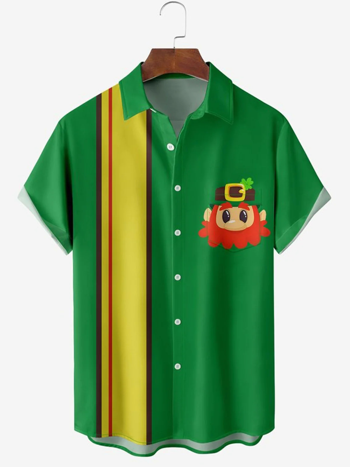Men's cartoon Irish Saint Patrick holiday bowling ball printed pocket shirt