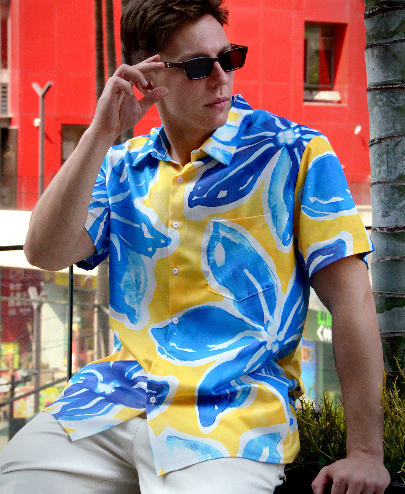 Men's Hawaiian Floral Print Shirt, Short Sleeve Button Down, Blue and Yellow Pattern