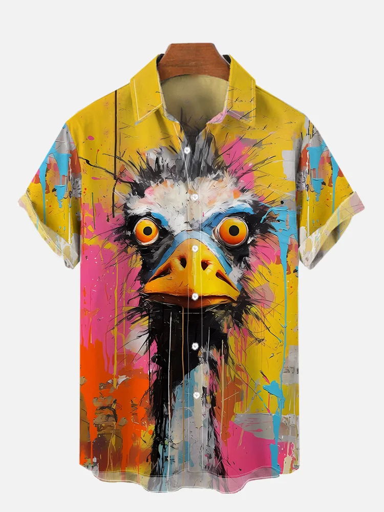 Men's Retro Fun Animal Ostrich Print Short Sleeve Shirt