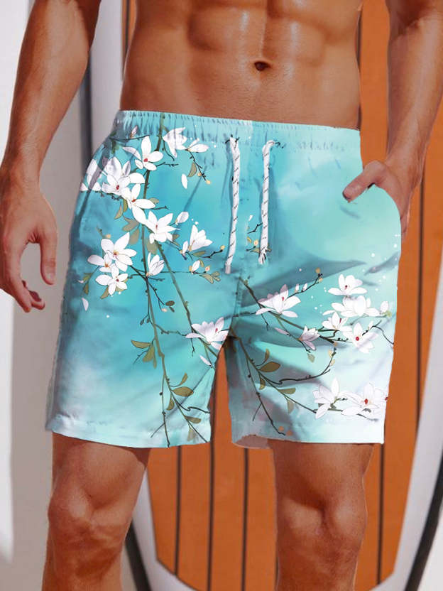 Mysterious Oriental Cyan Blooming Flowers And Branches Printing Shorts