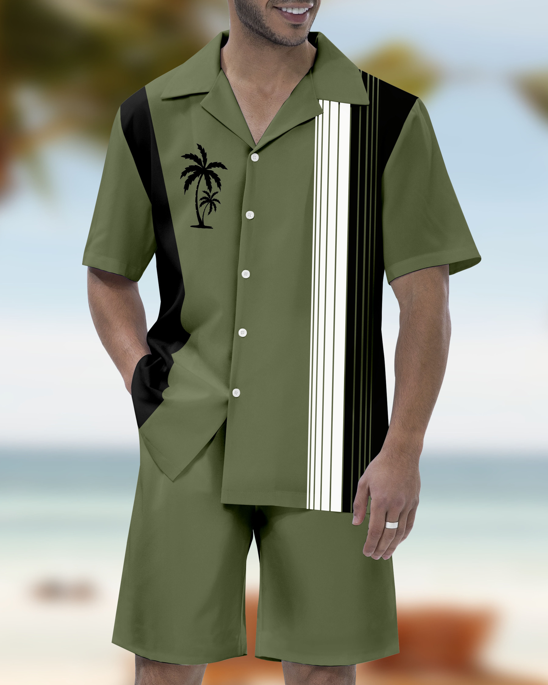 Men's Casual Vacation Hawaiian Cuban Collar Short Sleeve Shirt Set
