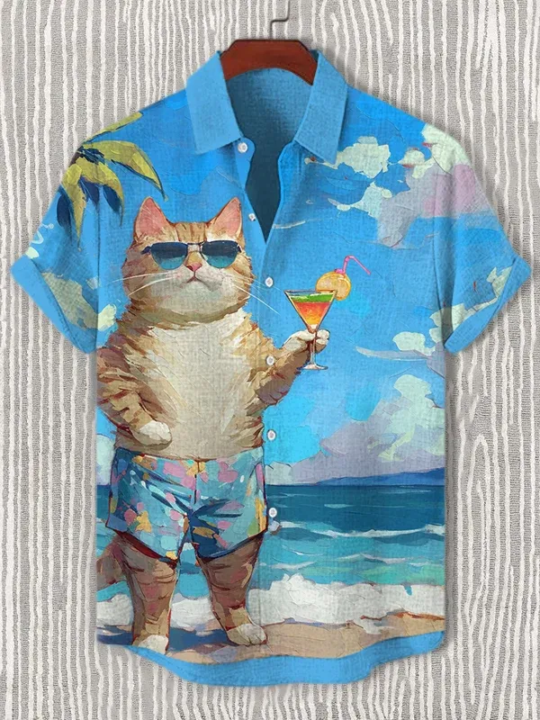 Men's Wine & sky Cat Theme Retro Cartoon Shirt