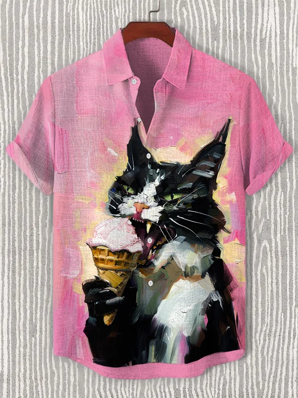 Men's Black Cat Eating Ice Cream Oil Painting Art Short Sleeve Shirt