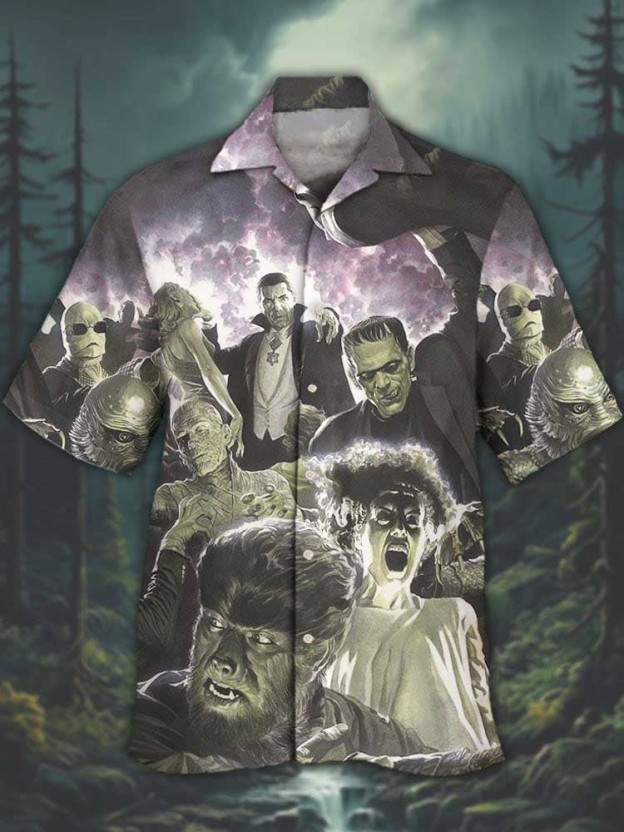 Men's Vintage Halloween Horror Cuban Collar Print Shirt