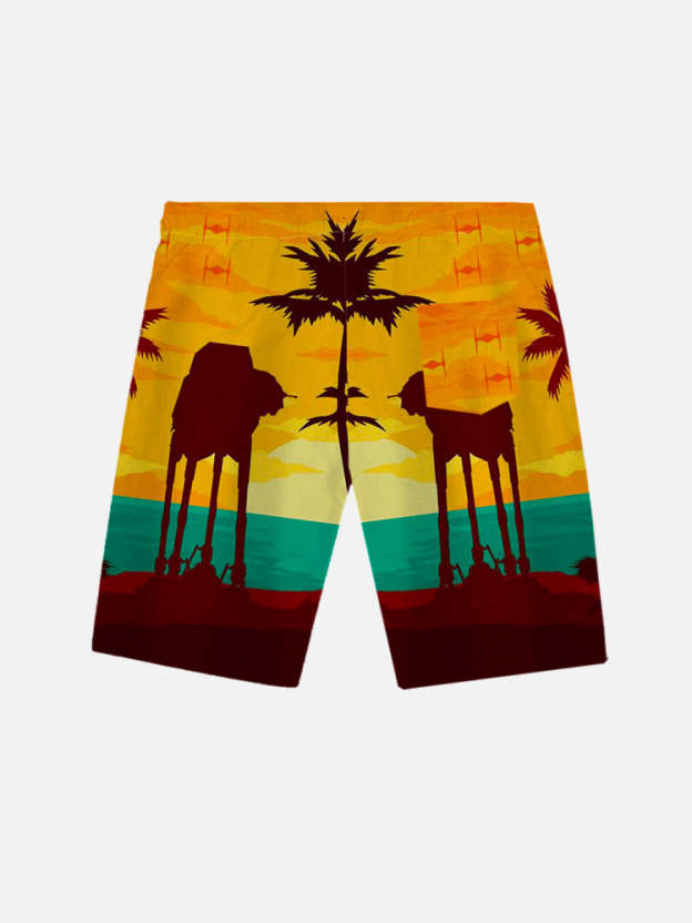 Beach Sunset Coconut Trees And Armored Walker Hawaiian Printing Shorts